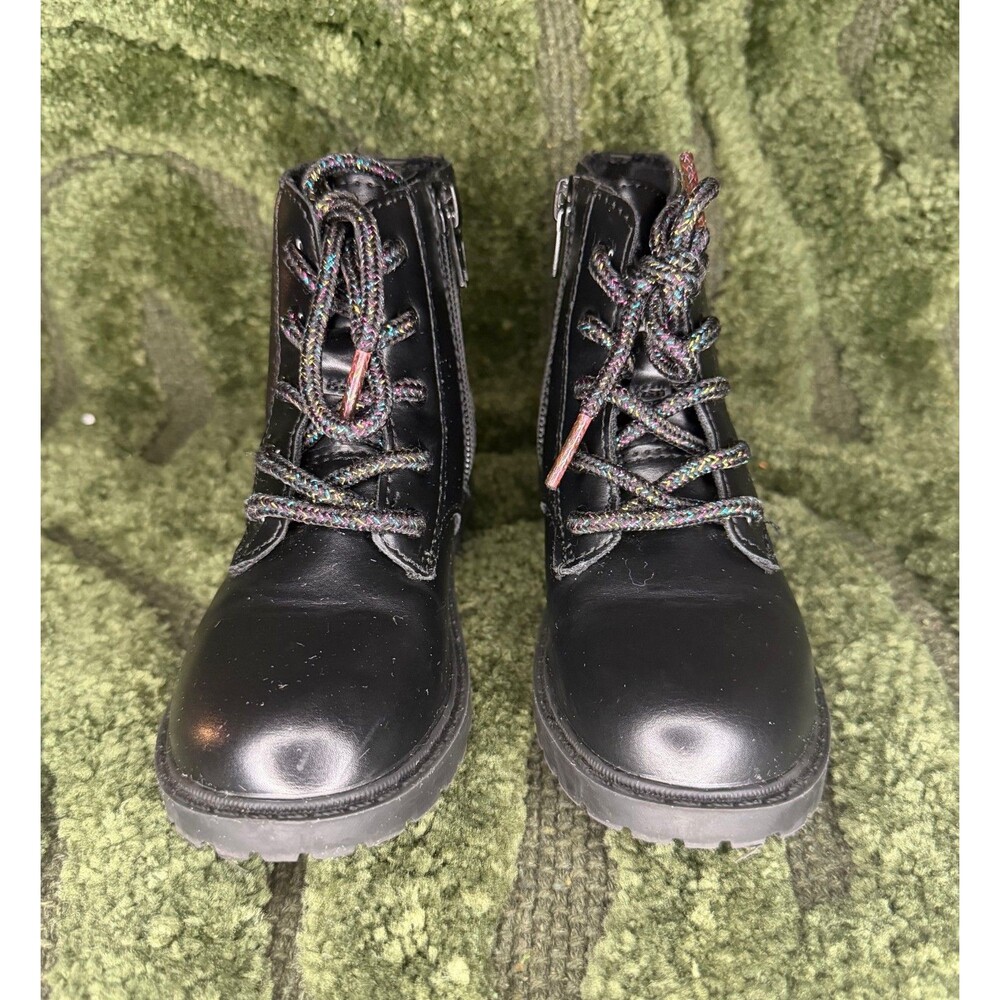 Old Navy Girls Black Combat Boots Size 10 Lace Up Side Zip Multicolor Laces